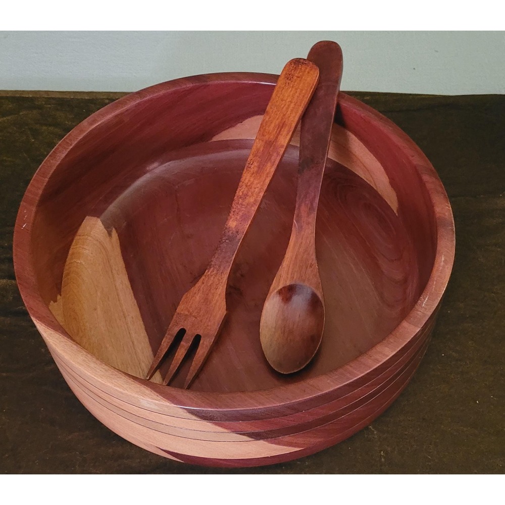 Genuine Hand Turned‎ Tri-Colored Wooden Serving Bowl Set Cabincore Farmhouse